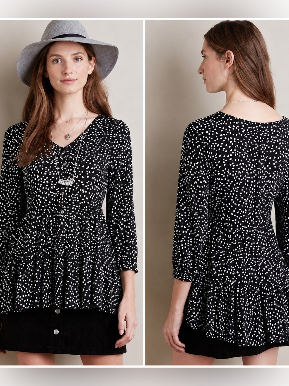 Maeve Lila Tiered Tunic Black White Abstract Dot Blouse Small
Peplum Hem